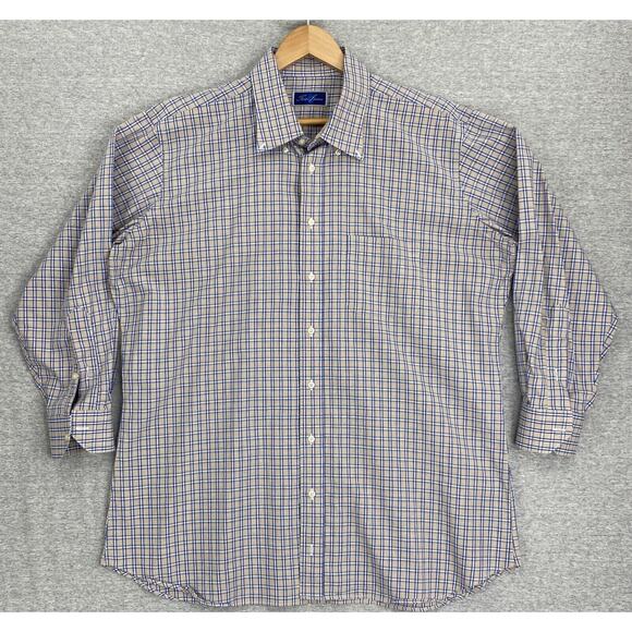 Tom James Dress Shirt Mens XXL Brown Blue Plaid Button Up Long Sleeve Collared - Picture 1 of 8